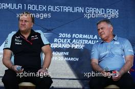 (L to R): Robert Fernley (GBR) Sahara Force India F1 Team Deputy Team Principal with Dave Ryan (NZL) Manor Racing Racing Director. 20.03.2016. Formula 1 World Championship, Rd 1, Australian Grand Prix, Albert Park, Melbourne, Australia, Race Day.