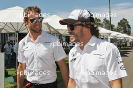 (L to R): Jenson Button (GBR) McLaren with team mate Fernando Alonso (ESP) McLaren. 17.03.2016. Formula 1 World Championship, Rd 1, Australian Grand Prix, Albert Park, Melbourne, Australia, Preparation Day.