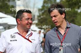 (L to R): Eric Boullier (FRA) McLaren Racing Director with Toto Wolff (GER) Mercedes AMG F1 Shareholder and Executive Director. 17.03.2016. Formula 1 World Championship, Rd 1, Australian Grand Prix, Albert Park, Melbourne, Australia, Preparation Day.