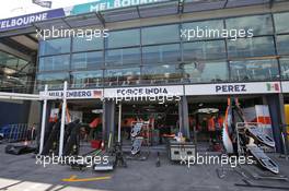Sahara Force India F1 Team pit garages. 16.03.2016. Formula 1 World Championship, Rd 1, Australian Grand Prix, Albert Park, Melbourne, Australia, Preparation Day.