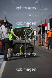 Pirelli tyres pushed on a trolley in the pits. 16.03.2016. Formula 1 World Championship, Rd 1, Australian Grand Prix, Albert Park, Melbourne, Australia, Preparation Day.