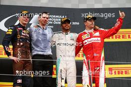 The podium (L to R): Max Verstappen (NLD) Red Bull Racing, second; Lewis Hamilton (GBR) Mercedes AMG F1, race winner; Kimi Raikkonen (FIN) Ferrari, third. 03.07.2016. Formula 1 World Championship, Rd 9, Austrian Grand Prix, Spielberg, Austria, Race Day.