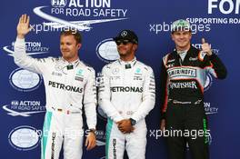 Qualifying top three in parc ferme (L to R): Nico Rosberg (GER) Mercedes AMG F1, second; Lewis Hamilton (GBR) Mercedes AMG F1, pole position; Nico Hulkenberg (GER) Sahara Force India F1, third. 02.07.2016. Formula 1 World Championship, Rd 9, Austrian Grand Prix, Spielberg, Austria, Qualifying Day.