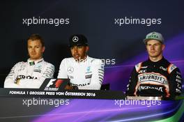 The post qualifying FIA Press Conference (L to R): Nico Rosberg (GER) Mercedes AMG F1, second; Lewis Hamilton (GBR) Mercedes AMG F1, pole position; Nico Hulkenberg (GER) Sahara Force India F1, third. 02.07.2016. Formula 1 World Championship, Rd 9, Austrian Grand Prix, Spielberg, Austria, Qualifying Day.