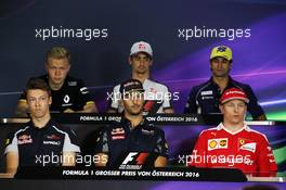 The FIA Press Conference (from back row (L to R)): Kevin Magnussen (DEN) Renault Sport F1 Team; Esteban Gutierrez (MEX) Haas F1 Team; Felipe Nasr (BRA) Sauber F1 Team; Daniil Kvyat (RUS) Scuderia Toro Rosso; Daniel Ricciardo (AUS) Red Bull Racing; Kimi Raikkonen (FIN) Ferrari. 30.06.2016. Formula 1 World Championship, Rd 9, Austrian Grand Prix, Spielberg, Austria, Preparation Day.