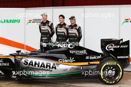 (L to R): Nico Hulkenberg (GER) Sahara Force India F1 with Alfonso Celis Jr (MEX) Sahara Force India F1 Development Driver and Sergio Perez (MEX) Sahara Force India F1 and the Sahara Force India F1 VJM09. 22.02.2016. Formula One Testing, Day One, Barcelona, Spain. Monday.
