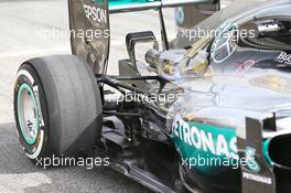 Lewis Hamilton (GBR) Mercedes AMG F1 W07 Hybrid rear suspension detail. 22.02.2016. Formula One Testing, Day One, Barcelona, Spain. Monday.