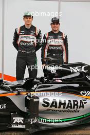 (L to R): Nico Hulkenberg (GER) Sahara Force India F1 with team mate Sergio Perez (MEX) Sahara Force India F1 at the Sahara Force India F1 VJM09 unveiling. 22.02.2016. Formula One Testing, Day One, Barcelona, Spain. Monday.