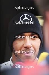 Lewis Hamilton (GBR) Mercedes AMG F1 with the media. 22.02.2016. Formula One Testing, Day One, Barcelona, Spain. Monday.