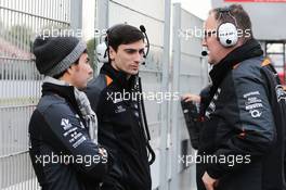 (L to R): Sergio Perez (MEX) Sahara Force India F1 with Tim Wright (GBR) Sahara Force India F1 Team Race Engineer and Tom McCullough (GBR) Sahara Force India F1 Team Chief Engineer. 22.02.2016. Formula One Testing, Day One, Barcelona, Spain. Monday.