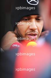 Lewis Hamilton (GBR) Mercedes AMG F1 with the media. 22.02.2016. Formula One Testing, Day One, Barcelona, Spain. Monday.