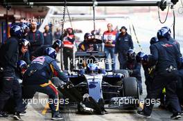 Max Verstappen (NLD) Scuderia Toro Rosso STR11 practices a pit stop. 25.02.2016. Formula One Testing, Day Four, Barcelona, Spain. Thursday.