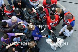 Lewis Hamilton (GBR) Mercedes AMG F1 with the media. 25.02.2016. Formula One Testing, Day Four, Barcelona, Spain. Thursday.