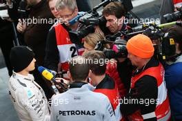 Nico Rosberg (GER) Mercedes AMG F1 with the media. 23.02.2016. Formula One Testing, Day Two, Barcelona, Spain. Tuesday.