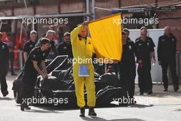 The Renault Sport F1 Team RS16 of Jolyon Palmer (GBR) Renault Sport F1 Team is recoverd back to the pits. 23.02.2016. Formula One Testing, Day Two, Barcelona, Spain. Tuesday.