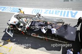 The Mercedes AMG F1 W07 Hybrid of Lewis Hamilton (GBR) Mercedes AMG F1 is recovered back to the pits on the back of a truck. 04.03.2016. Formula One Testing, Day Four, Barcelona, Spain. Friday.