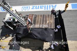 The Mercedes AMG F1 W07 Hybrid of Lewis Hamilton (GBR) Mercedes AMG F1 is recovered back to the pits on the back of a truck. 04.03.2016. Formula One Testing, Day Four, Barcelona, Spain. Friday.