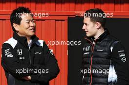 (L to R): Yasuhisa Arai (JPN) Honda Motorsport Chief Officer with Stoffel Vandoorne (BEL) McLaren Test and Reserve Driver. 04.03.2016. Formula One Testing, Day Four, Barcelona, Spain. Friday.