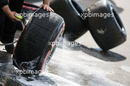 Pirelli tyres are washed. 04.03.2016. Formula One Testing, Day Four, Barcelona, Spain. Friday.