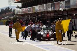 Lewis Hamilton (GBR) Mercedes AMG F1 W07 Hybrid is pushed back in the pits after stopping in the pit lane. 01.03.2016. Formula One Testing, Day One, Barcelona, Spain. Tuesday.