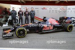 (L to R): James Key (GBR) Scuderia Toro Rosso Technical Director with Max Verstappen (NLD) Scuderia Toro Rosso; Carlos Sainz Jr (ESP) Scuderia Toro Rosso; Franz Tost (AUT) Scuderia Toro Rosso Team Principal; and the Scuderia Toro Rosso STR11. 01.03.2016. Formula One Testing, Day One, Barcelona, Spain. Tuesday.
