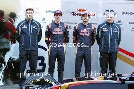 (L to R): James Key (GBR) Scuderia Toro Rosso Technical Director with Max Verstappen (NLD) Scuderia Toro Rosso; Carlos Sainz Jr (ESP) Scuderia Toro Rosso; and Franz Tost (AUT) Scuderia Toro Rosso Team Principal. 01.03.2016. Formula One Testing, Day One, Barcelona, Spain. Tuesday.
