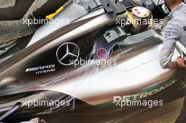Lewis Hamilton (GBR) Mercedes AMG F1 W07 Hybrid with flow-vis paint on the engine cover. 02.03.2016. Formula One Testing, Day Two, Barcelona, Spain. Wednesday.