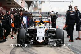 Sergio Perez (MEX) Sahara Force India F1 VJM09 in the pits. 02.03.2016. Formula One Testing, Day Two, Barcelona, Spain. Wednesday.