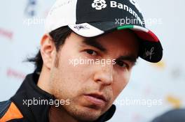 Sergio Perez (MEX) Sahara Force India F1 with the media. 02.03.2016. Formula One Testing, Day Two, Barcelona, Spain. Wednesday.
