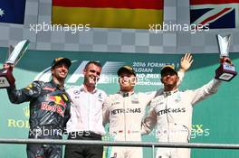 The podium (L to R): Daniel Ricciardo (AUS) Red Bull Racing, second; Nico Rosberg (GER) Mercedes AMG F1, race winner; Lewis Hamilton (GBR) Mercedes AMG F1, third. 28.08.2016. Formula 1 World Championship, Rd 13, Belgian Grand Prix, Spa Francorchamps, Belgium, Race Day.