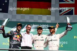 1st place for Nico Rosberg (GER) Mercedes AMG Petronas F1 W07, 2nd place for Daniel Ricciardo (AUS) Red Bull Racing RB12 and 3rd place for Lewis Hamilton (GBR) Mercedes AMG F1 W07 . 28.08.2016. Formula 1 World Championship, Rd 13, Belgian Grand Prix, Spa Francorchamps, Belgium, Race Day.