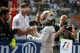 Lewis Hamilton (GBR) Mercedes AMG F1 celebrates his third position in parc ferme. 28.08.2016. Formula 1 World Championship, Rd 13, Belgian Grand Prix, Spa Francorchamps, Belgium, Race Day.