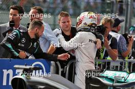 Lewis Hamilton (GBR) Mercedes AMG F1 celebrates his third position in parc ferme. 28.08.2016. Formula 1 World Championship, Rd 13, Belgian Grand Prix, Spa Francorchamps, Belgium, Race Day.