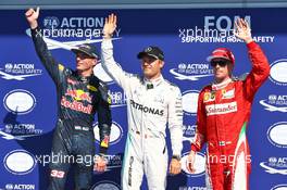 Qualifying top three in parc ferme (L to R): Max Verstappen (NLD) Red Bull Racing, second; Nico Rosberg (GER) Mercedes AMG F1, pole position; Kimi Raikkonen (FIN) Ferrari, third. 27.08.2016. Formula 1 World Championship, Rd 13, Belgian Grand Prix, Spa Francorchamps, Belgium, Qualifying Day.
