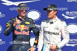 (L to R): Max Verstappen (NLD) Red Bull Racing celebrates his second position in qualifying parc ferme with pole sitter Nico Rosberg (GER) Mercedes AMG F1. 27.08.2016. Formula 1 World Championship, Rd 13, Belgian Grand Prix, Spa Francorchamps, Belgium, Qualifying Day.