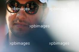 Sergio Perez (MEX) Sahara Force India F1 with the media. 25.08.2016. Formula 1 World Championship, Rd 13, Belgian Grand Prix, Spa Francorchamps, Belgium, Preparation Day.