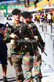 Armed forces patrol the pit lane. 25.08.2016. Formula 1 World Championship, Rd 13, Belgian Grand Prix, Spa Francorchamps, Belgium, Preparation Day.