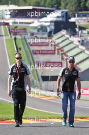 Sergio Perez (MEX) Sahara Force India F1 walks the circuit with Will Hings (GBR) Sahara Force India F1 Press Officer. 25.08.2016. Formula 1 World Championship, Rd 13, Belgian Grand Prix, Spa Francorchamps, Belgium, Preparation Day.