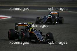 Sergio Perez (MEX) Sahara Force India F1 VJM09 leads team mate Nico Hulkenberg (GER) Sahara Force India F1 VJM09. 03.04.2016. Formula 1 World Championship, Rd 2, Bahrain Grand Prix, Sakhir, Bahrain, Race Day.