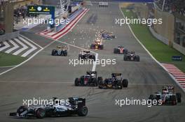 Lewis Hamilton (GBR) Mercedes AMG F1 W07 Hybrid leads Esteban Gutierrez (MEX) Haas F1 Team VF-16, Max Verstappen (NLD) Scuderia Toro Rosso STR10 and Jenson Button (GBR) McLaren MP4-31. 03.04.2016. Formula 1 World Championship, Rd 2, Bahrain Grand Prix, Sakhir, Bahrain, Race Day.