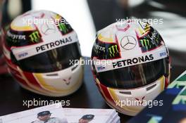 Mini helmets of Lewis Hamilton (GBR) Mercedes AMG F1. 02.04.2016. Formula 1 World Championship, Rd 2, Bahrain Grand Prix, Sakhir, Bahrain, Qualifying Day.