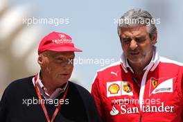 Team principals 'meeting to discuss about the qualifying system. Niki Lauda (AUT) AMG Mercedes F1 Team, Non-Executive Chairman and Maurizio Arrivabene (ITA), Team Principal, Scuderia Ferrari  03.04.2016. Formula 1 World Championship, Rd 2, Bahrain Grand Prix, Sakhir, Bahrain, Race Day.