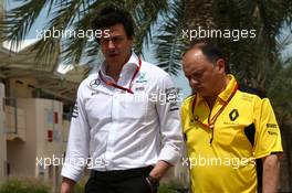 Team principals 'meeting to discuss about the qualifying system. Toto Wolff (GER) Mercedes AMG F1 Shareholder and  Frederic Vasseur (FRA) Renault Sport F1 Team Racing Director. 03.04.2016. Formula 1 World Championship, Rd 2, Bahrain Grand Prix, Sakhir, Bahrain, Race Day.