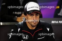 Fernando Alonso (ESP) McLaren in the FIA Press Conference. 31.03.2016. Formula 1 World Championship, Rd 2, Bahrain Grand Prix, Sakhir, Bahrain, Preparation Day.