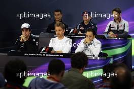 The FIA Press Conference (from back row (L to R): Pascal Wehrlein (GER) Manor Racing; Max Verstappen (NLD) Scuderia Toro Rosso; Romain Grosjean (FRA) Haas F1 Team; Fernando Alonso (ESP) McLaren; Nico Rosberg (GER) Mercedes AMG F1; Felipe Massa (BRA) Williams. 31.03.2016. Formula 1 World Championship, Rd 2, Bahrain Grand Prix, Sakhir, Bahrain, Preparation Day.
