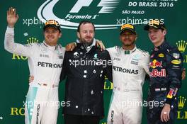 1st place Lewis Hamilton (GBR) Mercedes AMG F1 W07 , 2nd Nico Rosberg (GER) Mercedes AMG Petronas F1 W07 and 3rd place for Max Verstappen (NLD) Red Bull Racing RB12. 13.11.2016. Formula 1 World Championship, Rd 20, Brazilian Grand Prix, Sao Paulo, Brazil, Race Day.
