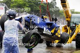 The damaged Sauber C35 of Marcus Ericsson (SWE) Sauber F1 Team who crashed out of the race. 13.11.2016. Formula 1 World Championship, Rd 20, Brazilian Grand Prix, Sao Paulo, Brazil, Race Day.