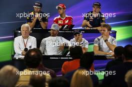 The FIA Press Conference (from back row (L to R)): Daniel Ricciardo (AUS) Red Bull Racing; Sebastian Vettel (GER) Ferrari; Max Verstappen (NLD) Red Bull Racing; Charlie Whiting (GBR) FIA Delegate; Lewis Hamilton (GBR) Mercedes AMG F1; Felipe Massa (BRA) Williams; Nico Rosberg (GER) Mercedes AMG F1.  10.11.2016. Formula 1 World Championship, Rd 20, Brazilian Grand Prix, Sao Paulo, Brazil, Preparation Day.