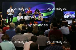 The FIA Press Conference (from back row (L to R)): Daniel Ricciardo (AUS) Red Bull Racing; Sebastian Vettel (GER) Ferrari; Max Verstappen (NLD) Red Bull Racing; Charlie Whiting (GBR) FIA Delegate; Lewis Hamilton (GBR) Mercedes AMG F1; Felipe Massa (BRA) Williams; Nico Rosberg (GER) Mercedes AMG F1.  10.11.2016. Formula 1 World Championship, Rd 20, Brazilian Grand Prix, Sao Paulo, Brazil, Preparation Day.