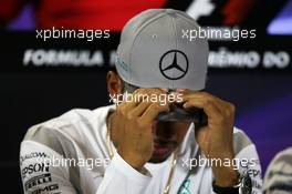 Lewis Hamilton (GBR) Mercedes AMG F1 in the FIA Press Conference. 10.11.2016. Formula 1 World Championship, Rd 20, Brazilian Grand Prix, Sao Paulo, Brazil, Preparation Day.